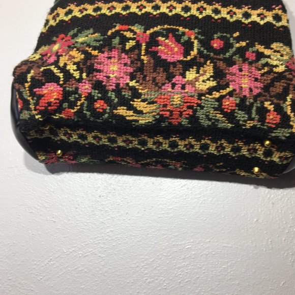 Vintage 50s 60s Needlepoint Tapestry Carpet Bag Black Colorful Floral Purse - Picture 11 of 16